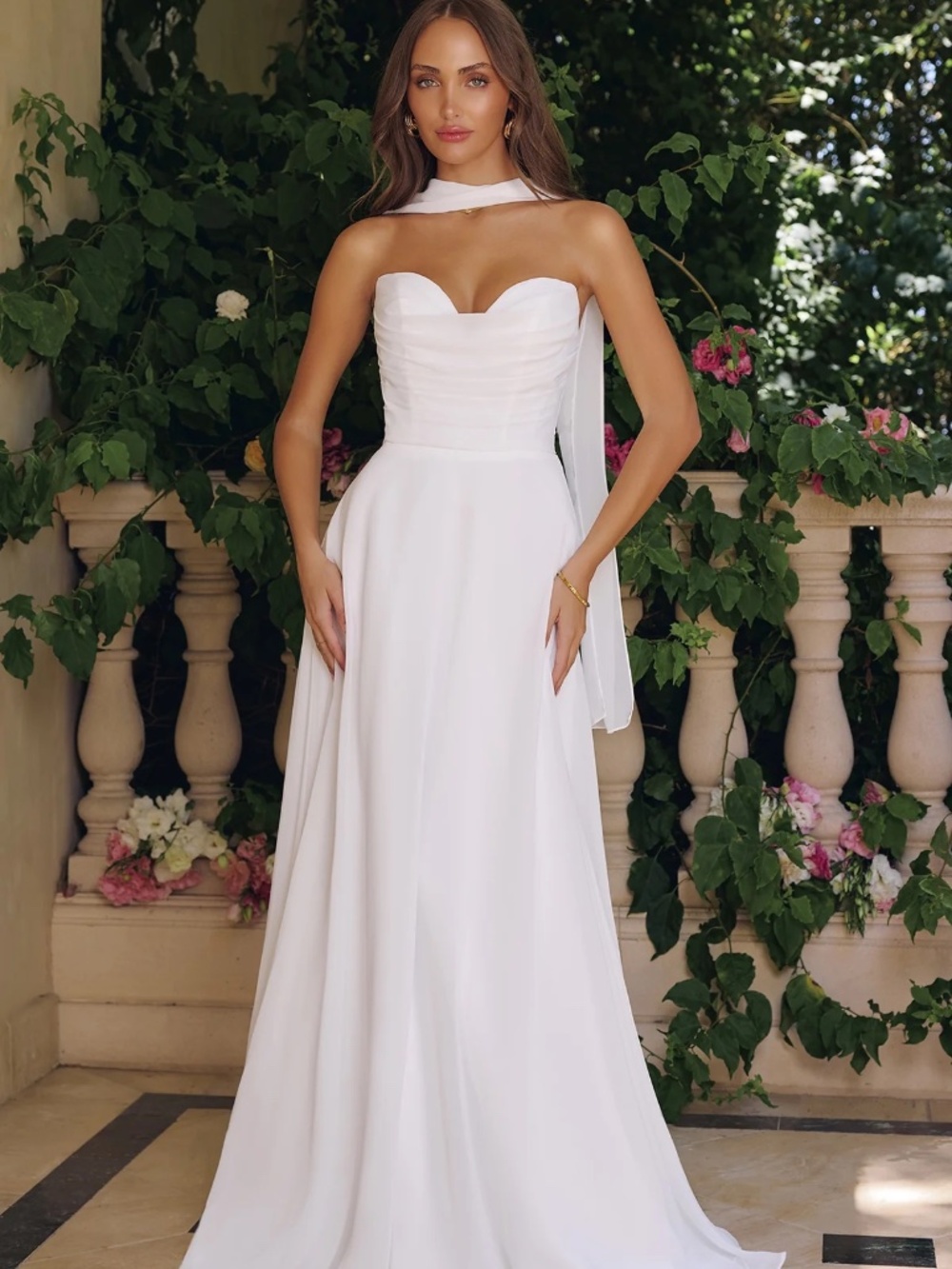 White Strapless Dress with Neck Scarff